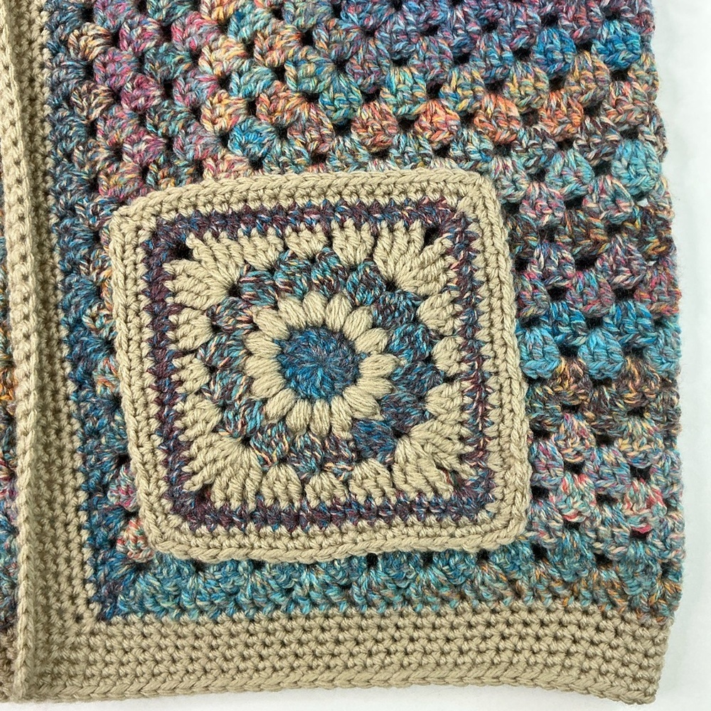 Handcrafted Crochet Hexagon Cardigan Sweater Open Front Wide Sleeve 2 Pockets - Picture 9 of 16